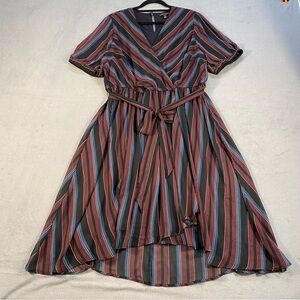 Lane Bryant Women’s burgundy stripes High Low midi Dress, faux wrap, V-neck, 16